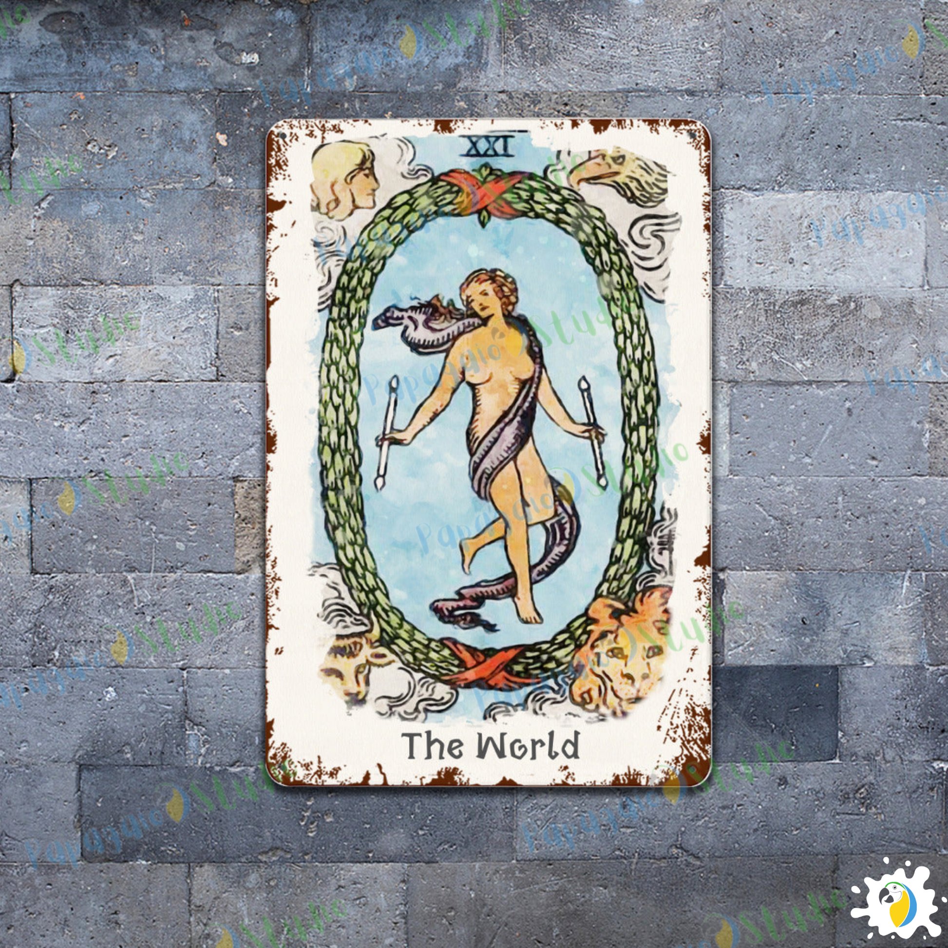 Tin Sign Of The World Tarot Card • Major Arcana 21 Vintage Tinplate Painting • Papagaio Studio Shop