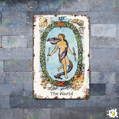 Tin Sign Of The World Tarot Card • Major Arcana 21 Vintage Tinplate Painting • Papagaio Studio Shop
