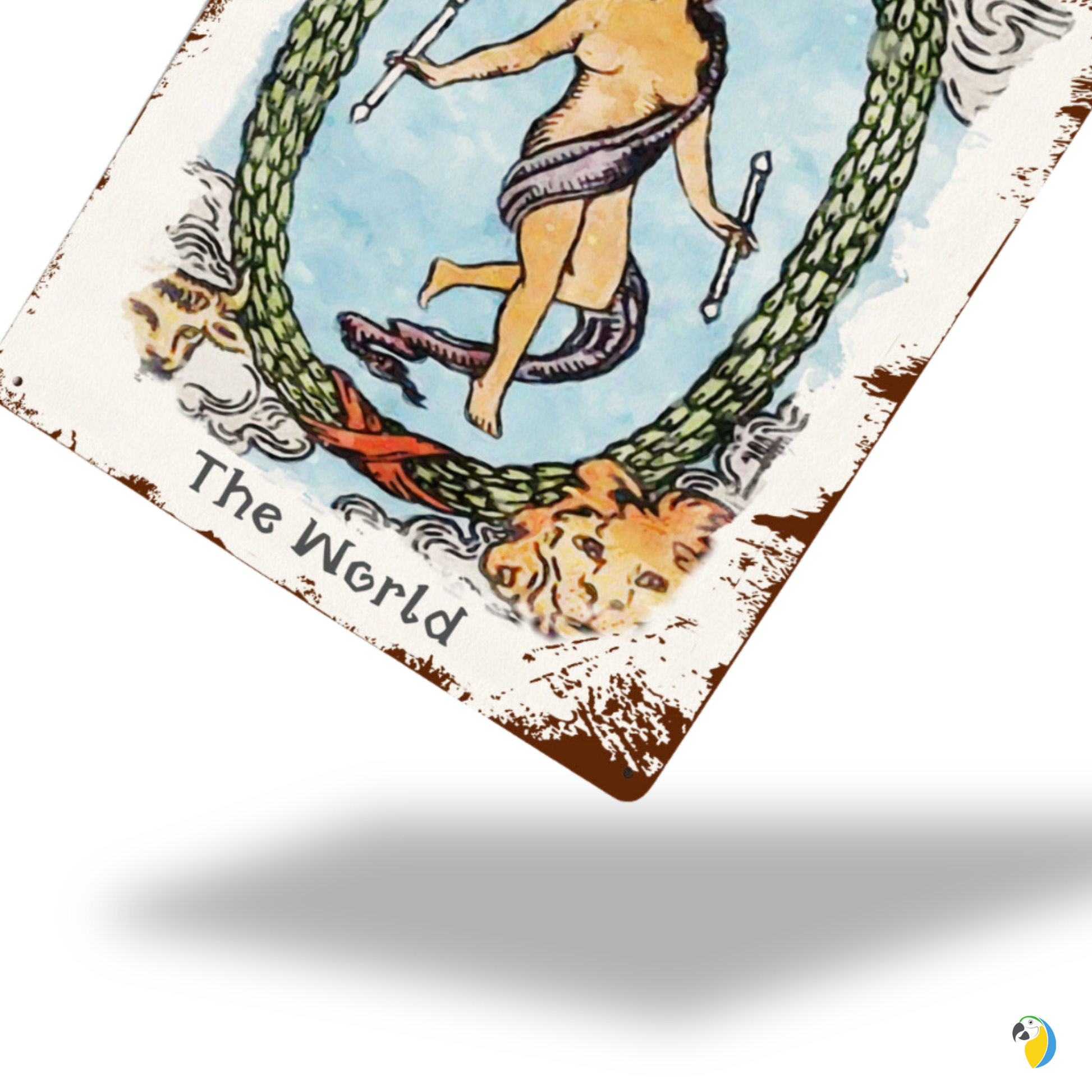 Tin Sign Of The World Tarot Card • Major Arcana 21 Vintage Tinplate Painting • Papagaio Studio Shop