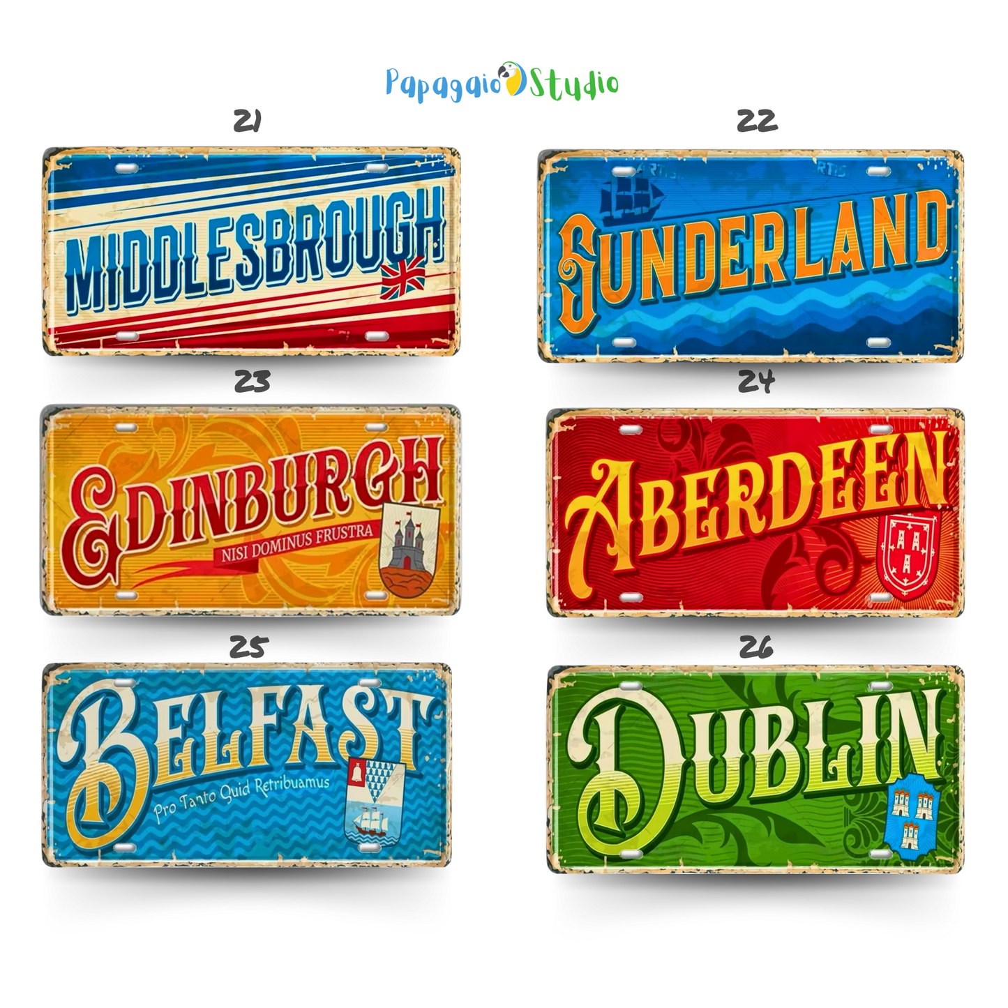 British Landmarks License Plate Decor • UK England Scotland Ireland Wales Tin Signs • United Kingdom City Metal Print • Great Britain Cities & Provinces Decorative Signages • Papagaio Studio Design Shop