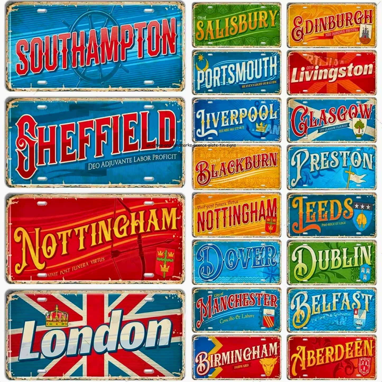 British Landmarks License Plate Decor • UK England Scotland Ireland Wales Tin Signs • United Kingdom City Metal Print • Great Britain Cities & Provinces Decorative Signages • Papagaio Studio Design Shop