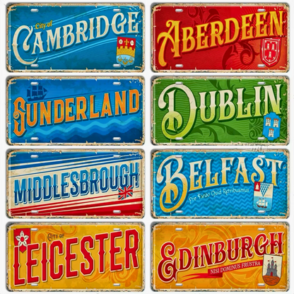 British Landmarks License Plate Decor • UK England Scotland Ireland Wales Tin Signs • United Kingdom City Metal Print • Great Britain Cities & Provinces Decorative Signages • Papagaio Studio Design Shop