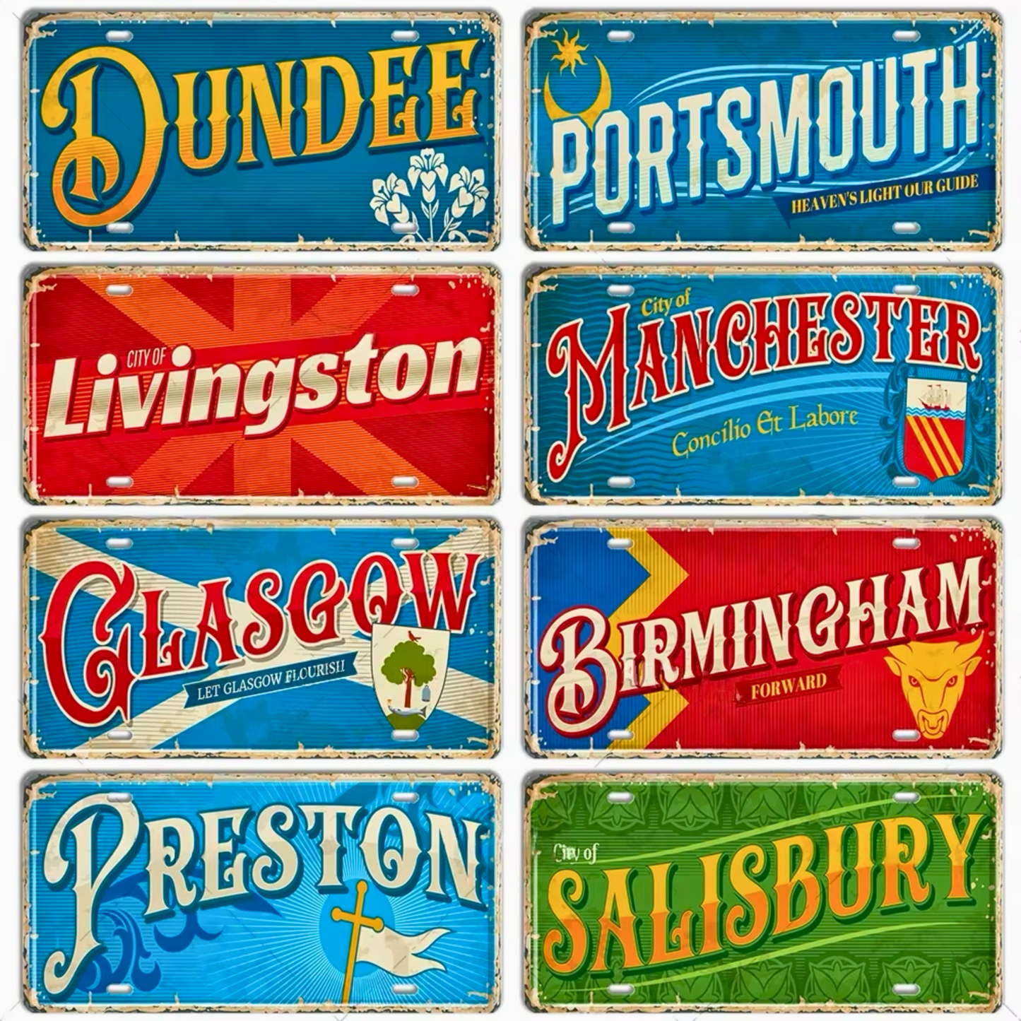 British Landmarks License Plate Decor • UK England Scotland Ireland Wales Tin Signs • United Kingdom City Metal Print • Great Britain Cities & Provinces Decorative Signages • Papagaio Studio Design Shop