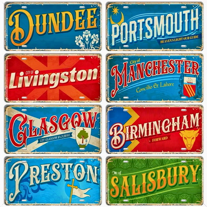 British Landmarks License Plate Decor • UK England Scotland Ireland Wales Tin Signs • United Kingdom City Metal Print • Great Britain Cities & Provinces Decorative Signages • Papagaio Studio Design Shop