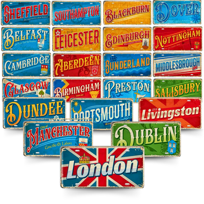 British Landmarks License Plate Decor • UK England Scotland Ireland Wales Tin Signs • United Kingdom City Metal Print • Great Britain Cities & Provinces Decorative Signages • Papagaio Studio Design Shop