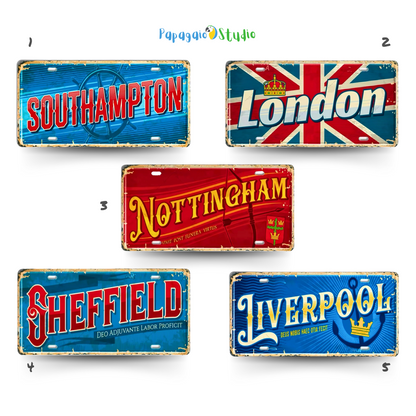 British Landmarks License Plate Decor • UK England Scotland Ireland Wales Tin Signs • United Kingdom City Metal Print • Great Britain Cities & Provinces Decorative Signages • Papagaio Studio Design Shop