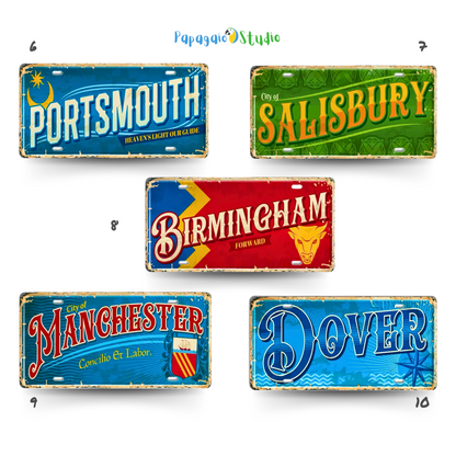 British Landmarks License Plate Decor • UK England Scotland Ireland Wales Tin Signs • United Kingdom City Metal Print • Great Britain Cities & Provinces Decorative Signages • Papagaio Studio Design Shop