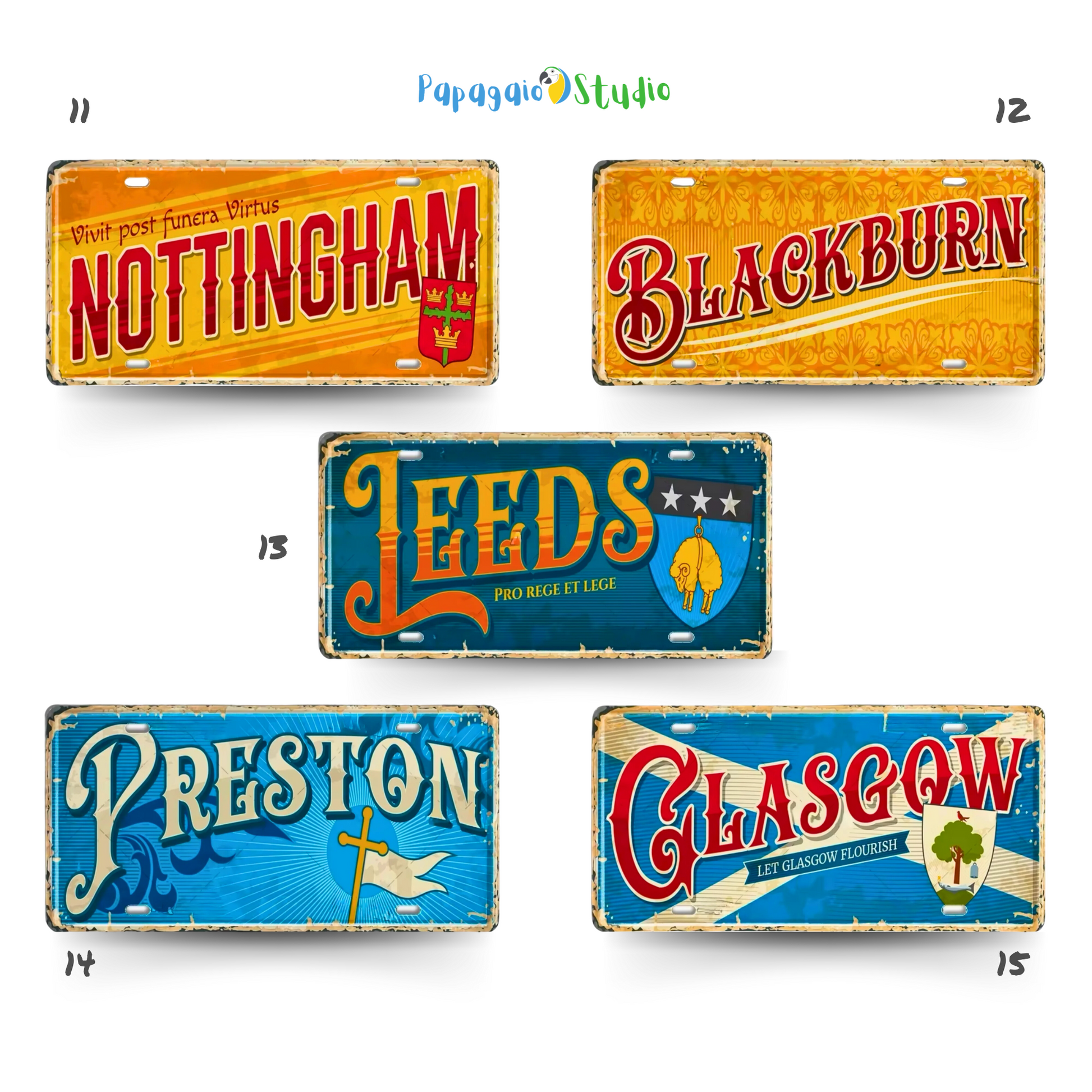 British Landmarks License Plate Decor • UK England Scotland Ireland Wales Tin Signs • United Kingdom City Metal Print • Great Britain Cities & Provinces Decorative Signages • Papagaio Studio Design Shop