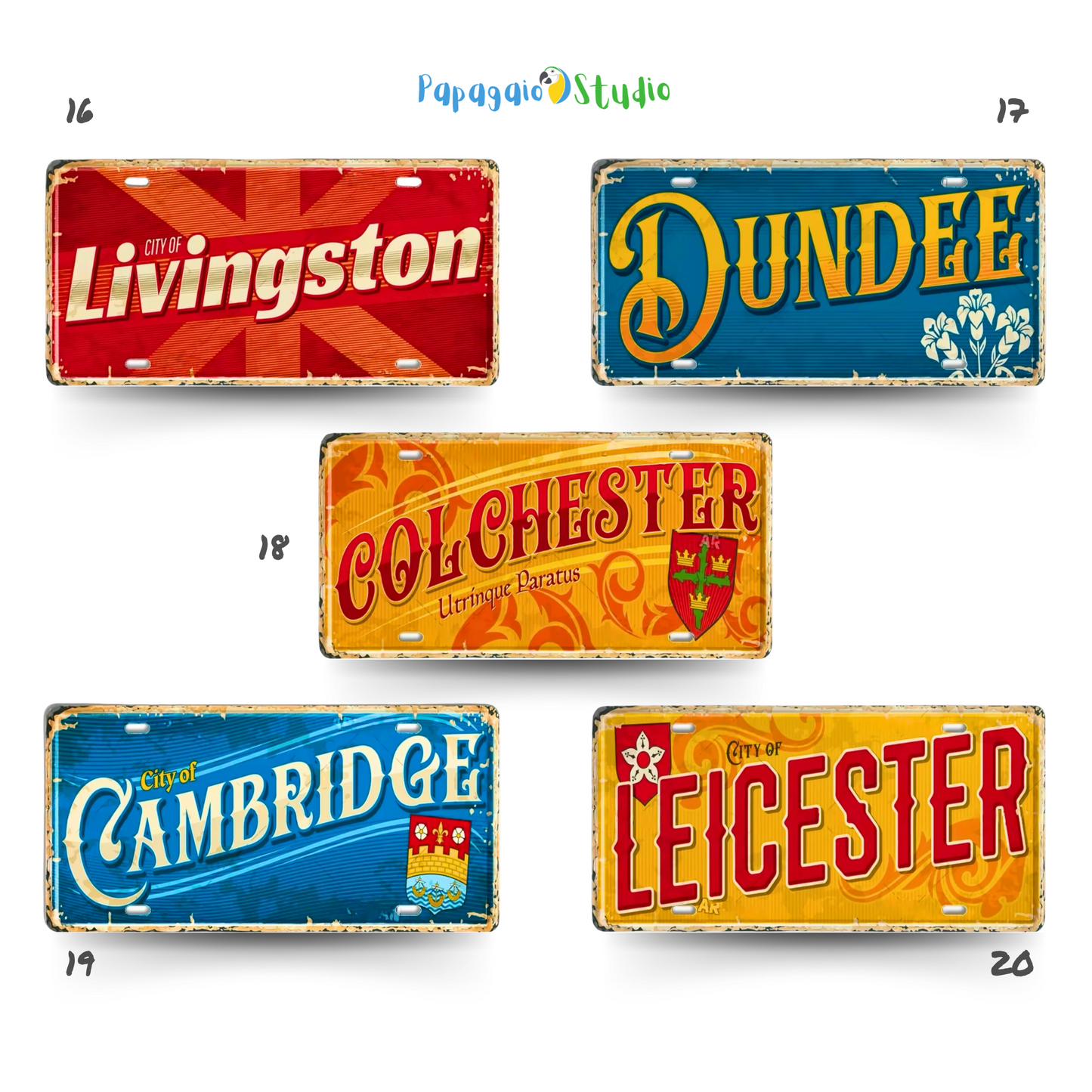 British Landmarks License Plate Decor • UK England Scotland Ireland Wales Tin Signs • United Kingdom City Metal Print • Great Britain Cities & Provinces Decorative Signages • Papagaio Studio Design Shop