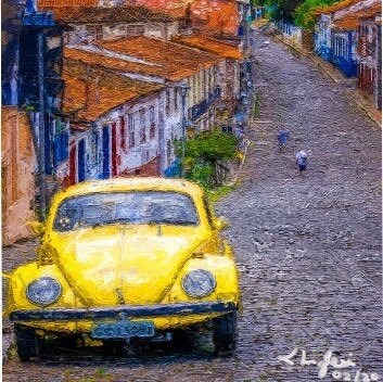 Minas Gerais Impressionist Painting • Sabará, MG - Brazil Countryside Village Wall Art • Yellow VW Beetle Framed Giclée Poster • Papagaio Studio Shop