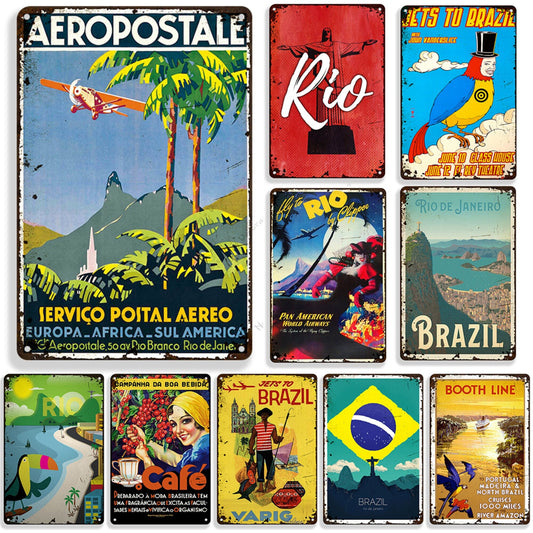 Brazil Vintage Metal Sign | Retro Wall Art Of Rio De Janeiro | Tropical Decoration Metal Plaque | Brazilian Rusty Decorative Sign