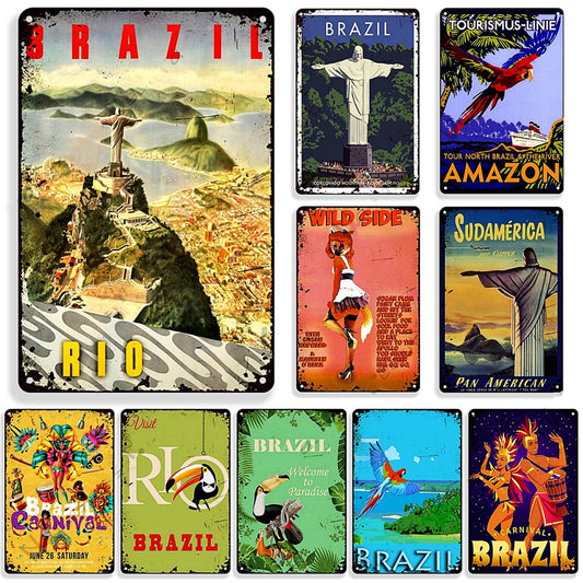 Brazil Retro Metal Print | Travel Vintage Tin Sign | Decorative Brazilian Poster For Home Bar Cafe Mens Cave | Tropical Wall Decor Plaque
