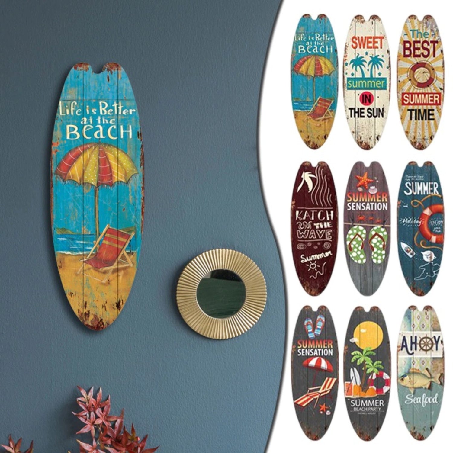 Decorative Wood Surfboard Shaped Wall Hanging For Beach & Coastal Decor | Ocean Surfing Wooden Print Ornament | Surf Sign Gift For Surfers | Papagaio Studio Etsy Shop
