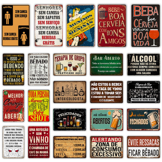 Funny Bar Signs In Brazilian Portuguese | Wine Beer Metal Prints For Brazil-Themed Kitchen Decor | Alcohol Drinking Vintage Tin Plaques