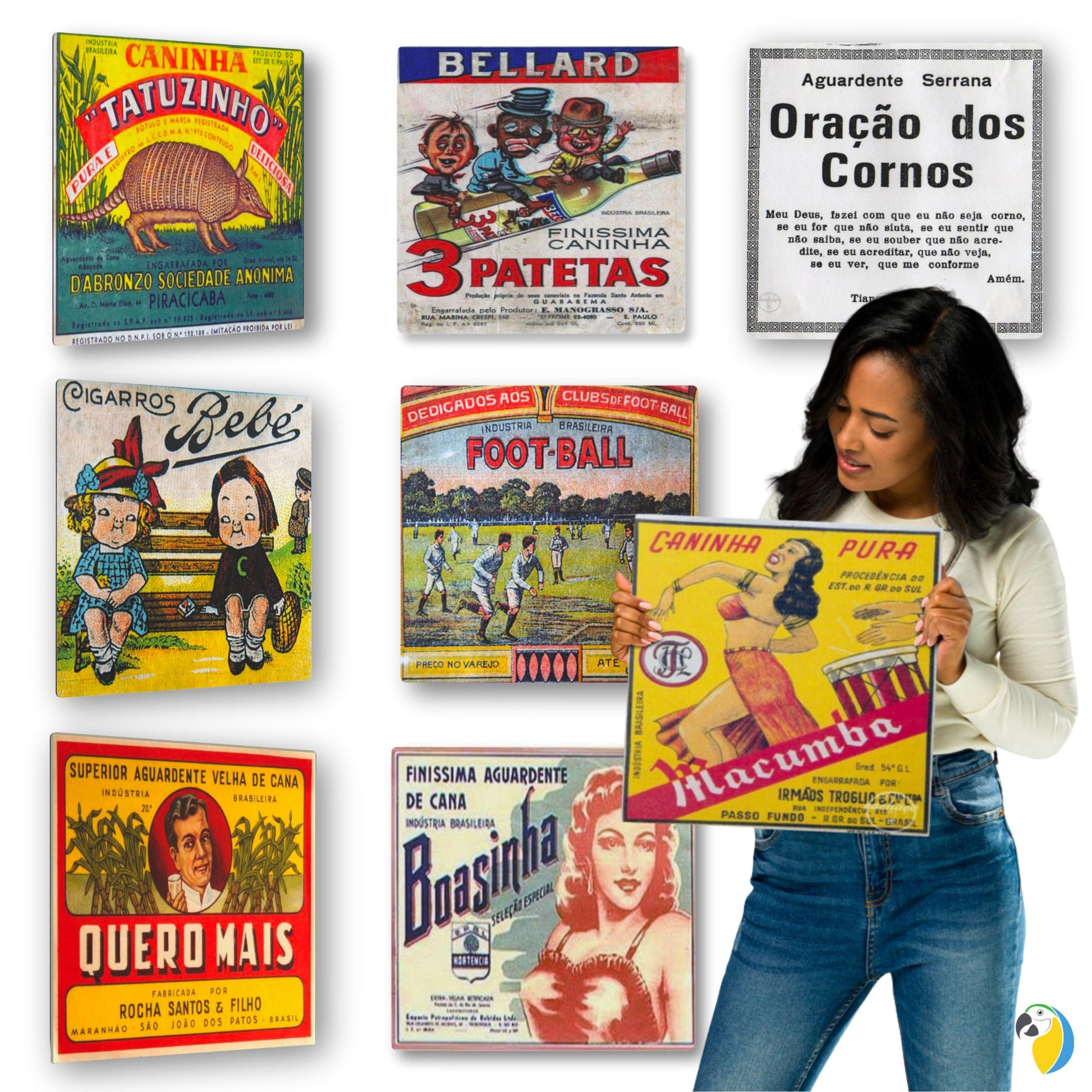 Vintage Brazilian Cachaça Label Tin Sign | Retro Brazil Cigarettes & Spirits Brands Metal Print | Funny Old Aguardente Bottle Wall Hanging | Papagaio Studio Etsy Shop