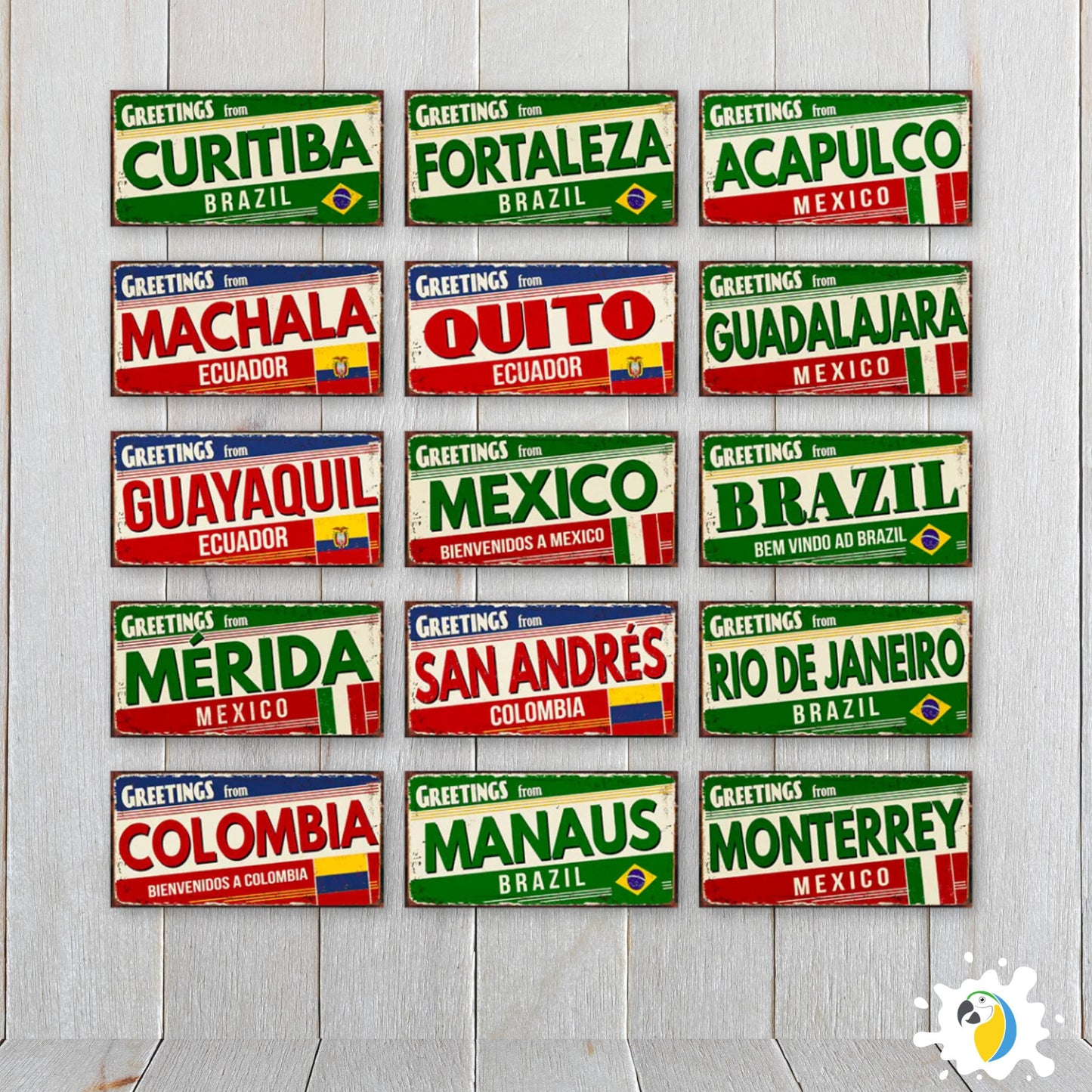 Colombia Mexico Brazil City Tin Sign | Latin America Tourist Souvenir Metal Plaque | Shabby Chic Home Decor Wall Art Gift For Latino | Papagaio Studio Etsy Shop