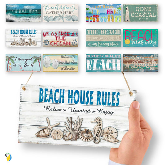 Beach Wood Sign | Summer Happy Quote Wooden Plaque | Sun Flip Flop Coastal Art MDF Print | Tropical Seaside Home Decor Art Piece