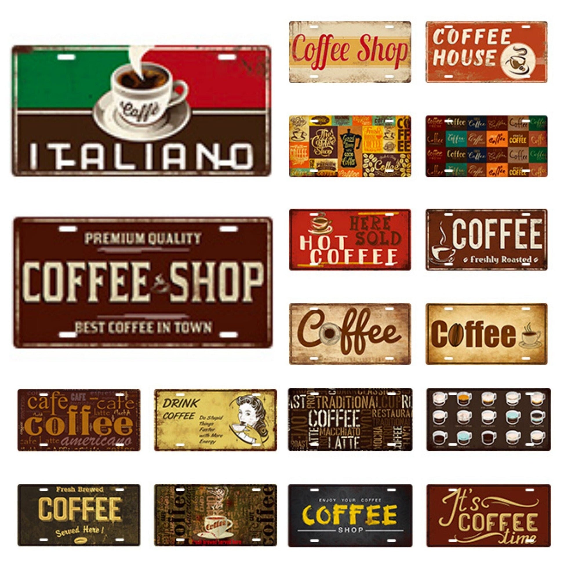 Coffee License Plate Tin Sign For Kitchen Decor | Café Decorative Metal Print | Shabby Chic Wall Hanging Plaques For Cafe Shop Cafeteria | Papagaio Studio Etsy Shop