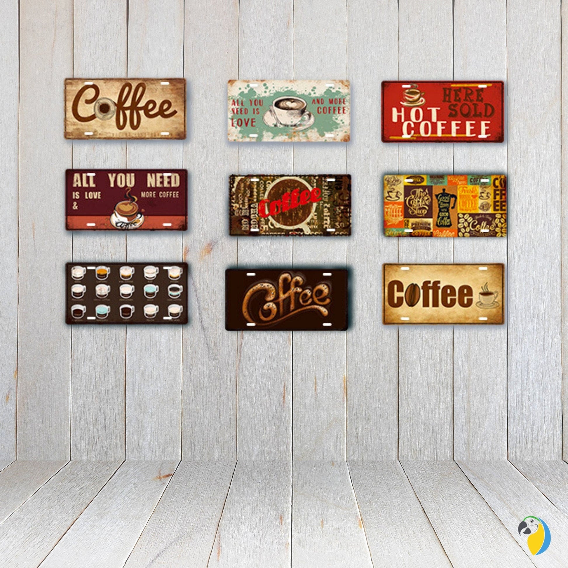 Coffee License Plate Tin Sign For Kitchen Decor | Café Decorative Metal Print | Shabby Chic Wall Hanging Plaques For Cafe Shop Cafeteria | Papagaio Studio Etsy Shop