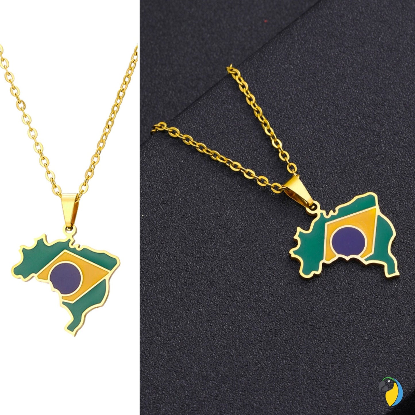Brazil Map Necklace | Silver Or Gold-Plated Stainless Steel Pendant Of Brazilian National Flag | South American Jewelry Gift For Sports Fan | Papagaio Studio Etsy Shop