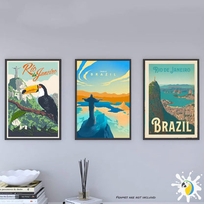 Vintage Brazil Travel Poster Canvas • Rio De Janeiro Landscape Illustration Wall Art • Brazilian Christ Redeemer Landmark Digital Print • Papagaio Studio Etsy Shop